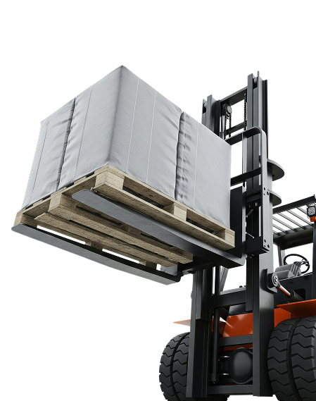 Погрузчик поднимает груз